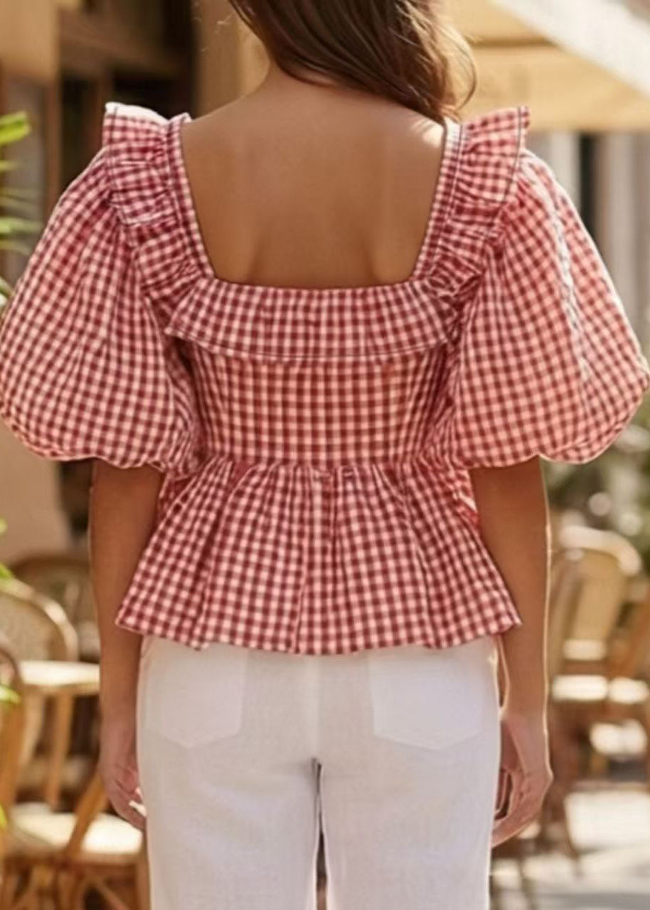 French Pink Square Collar Ruffled Plaid Puff Sleeve Cotton Top