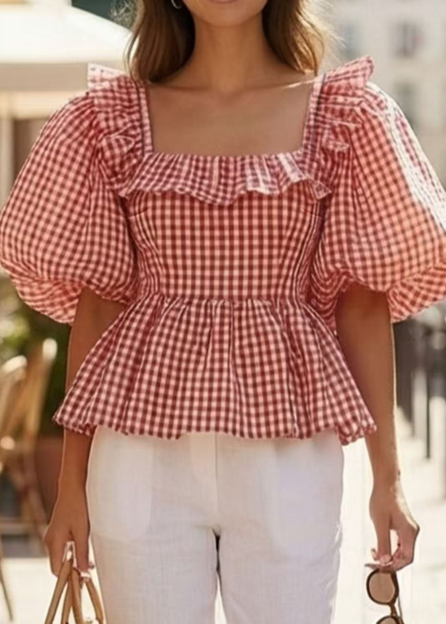 French Pink Square Collar Ruffled Plaid Puff Sleeve Cotton Top