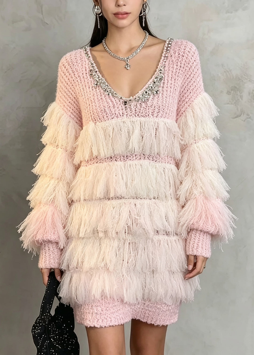 French Pink Tassel Zircon Patchwork Knit Long Sweaters Fall