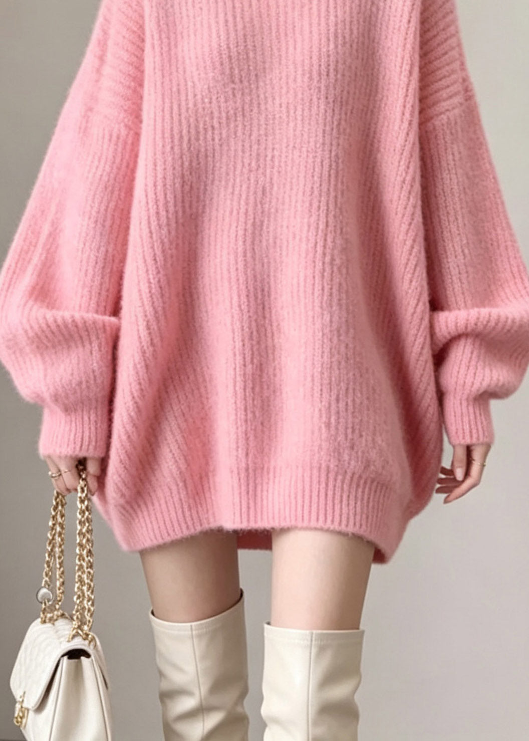 French Pink Thick Cotton Knit Sweater Tops O-Neck Fall