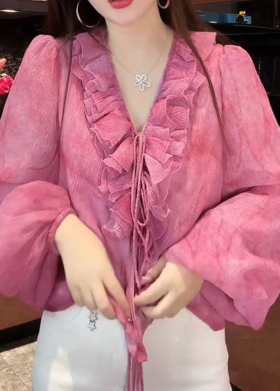 French Pink Tie Lace Floral Top Lantern Sleeve