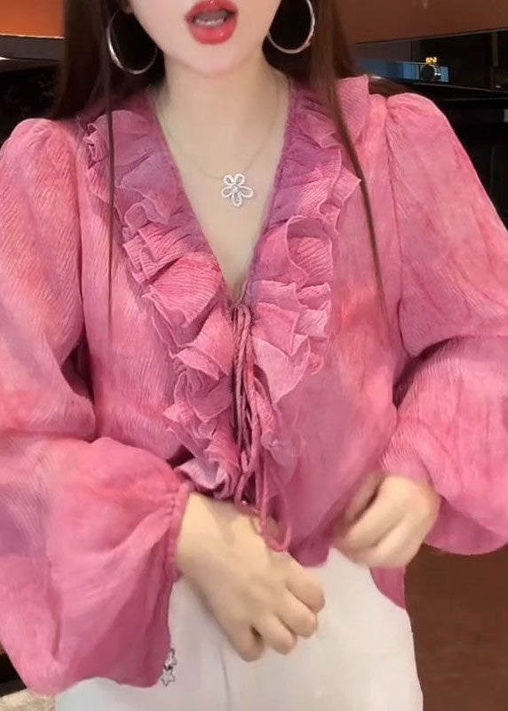 French Pink Tie Lace Floral Top Lantern Sleeve