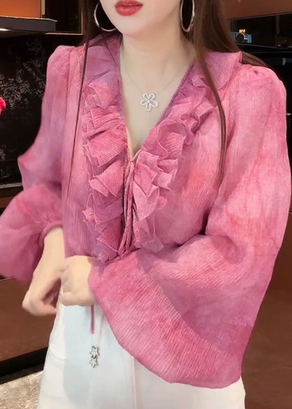 French Pink Tie Lace Floral Top Lantern Sleeve