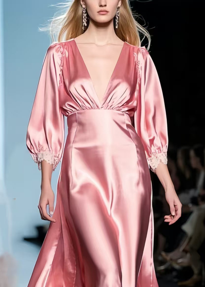 French Pink V Neck Exra Large Hem Party Dress Bracelet Sleeve