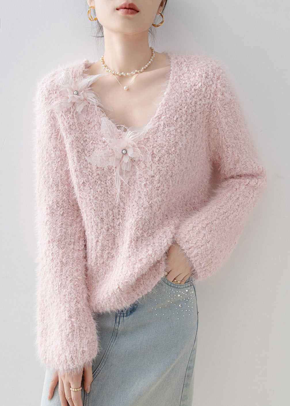 French Pink V Neck Floral Knit Sweater Tops Spring