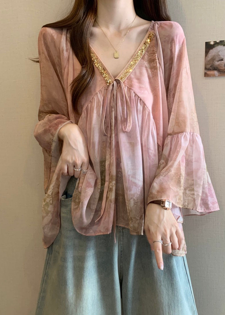 French Pink V Neck Patchwork Chiffon Shirt Flare Sleeve