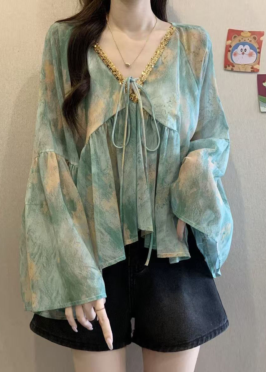 French Pink V Neck Patchwork Chiffon Shirt Flare Sleeve