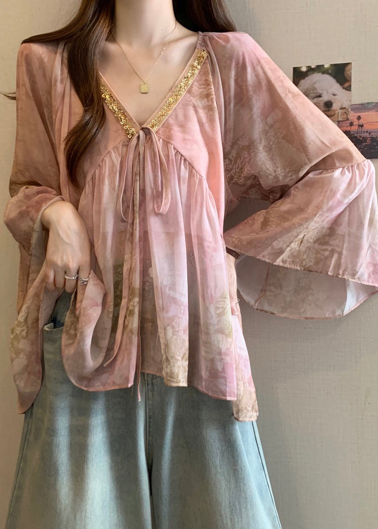 French Pink V Neck Patchwork Chiffon Shirt Flare Sleeve