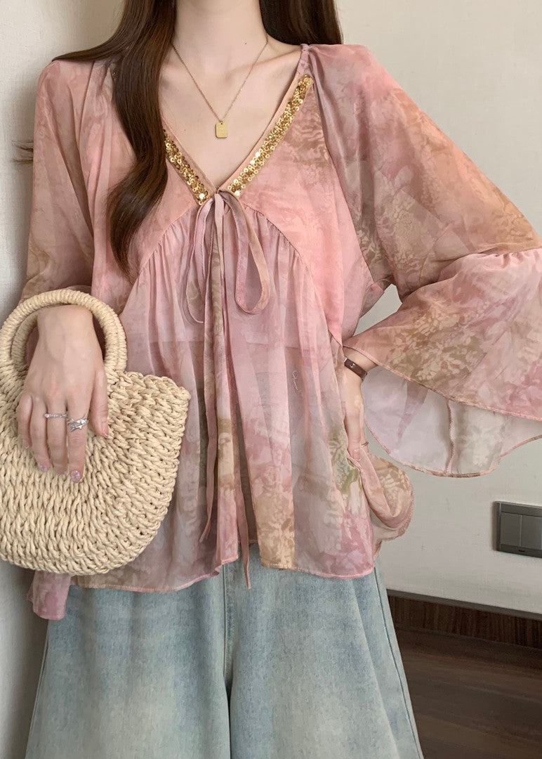 French Pink V Neck Patchwork Chiffon Shirt Flare Sleeve