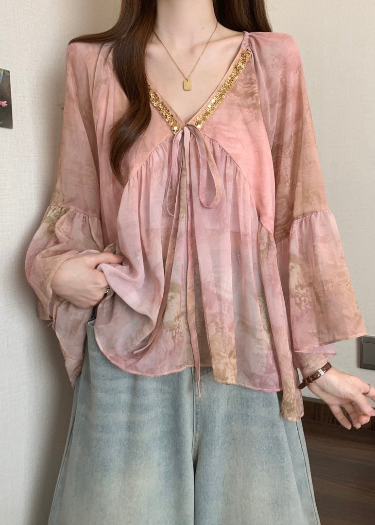 French Pink V Neck Patchwork Chiffon Shirt Flare Sleeve