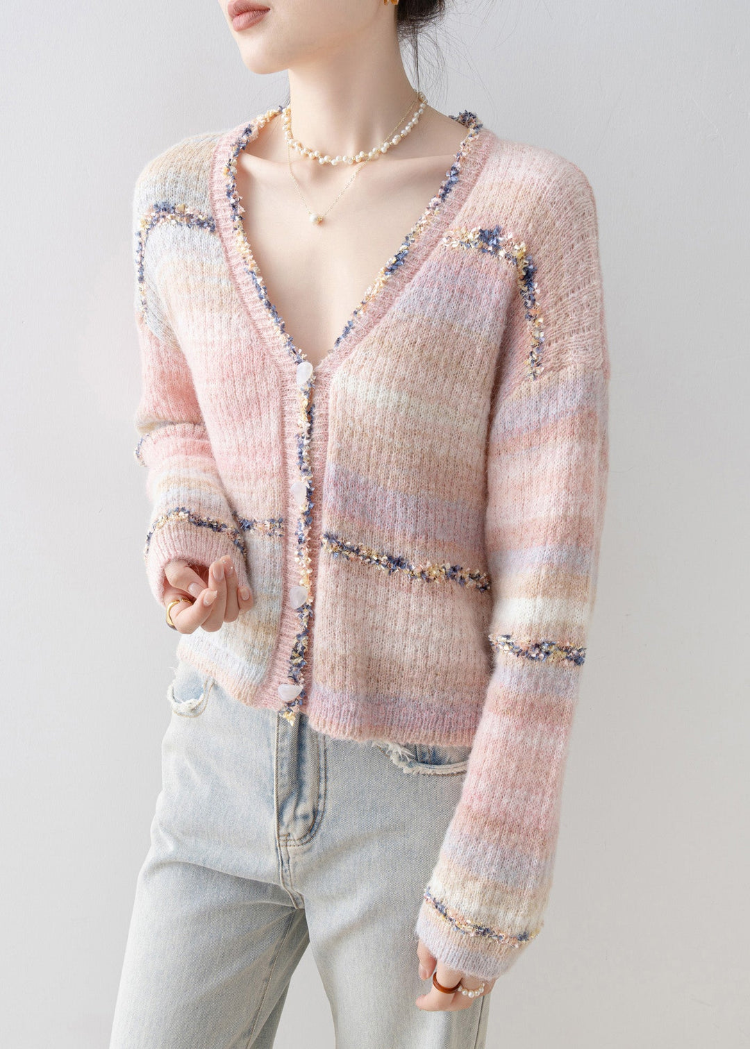 French Pink V Neck Patchwork Knit Short Coat Spring