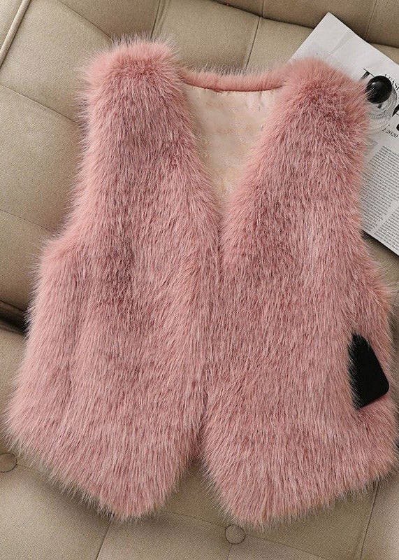French Pink V Neck Pockets Faux Fur Vest Sleeveless