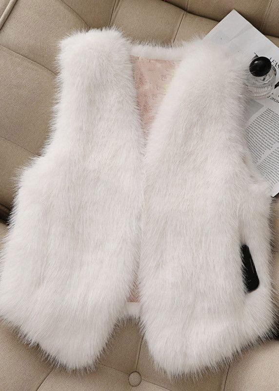 French Pink V Neck Pockets Faux Fur Vest Sleeveless