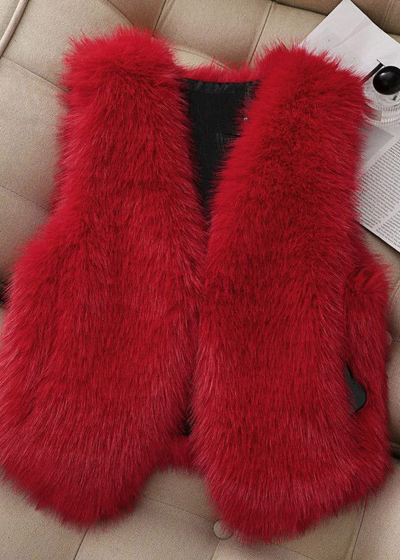 French Pink V Neck Pockets Faux Fur Vest Sleeveless