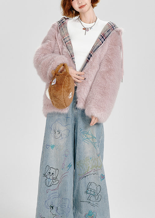 French Pink Zip Up Pockets Faux Fur Fluffy Hooded Coat Winter