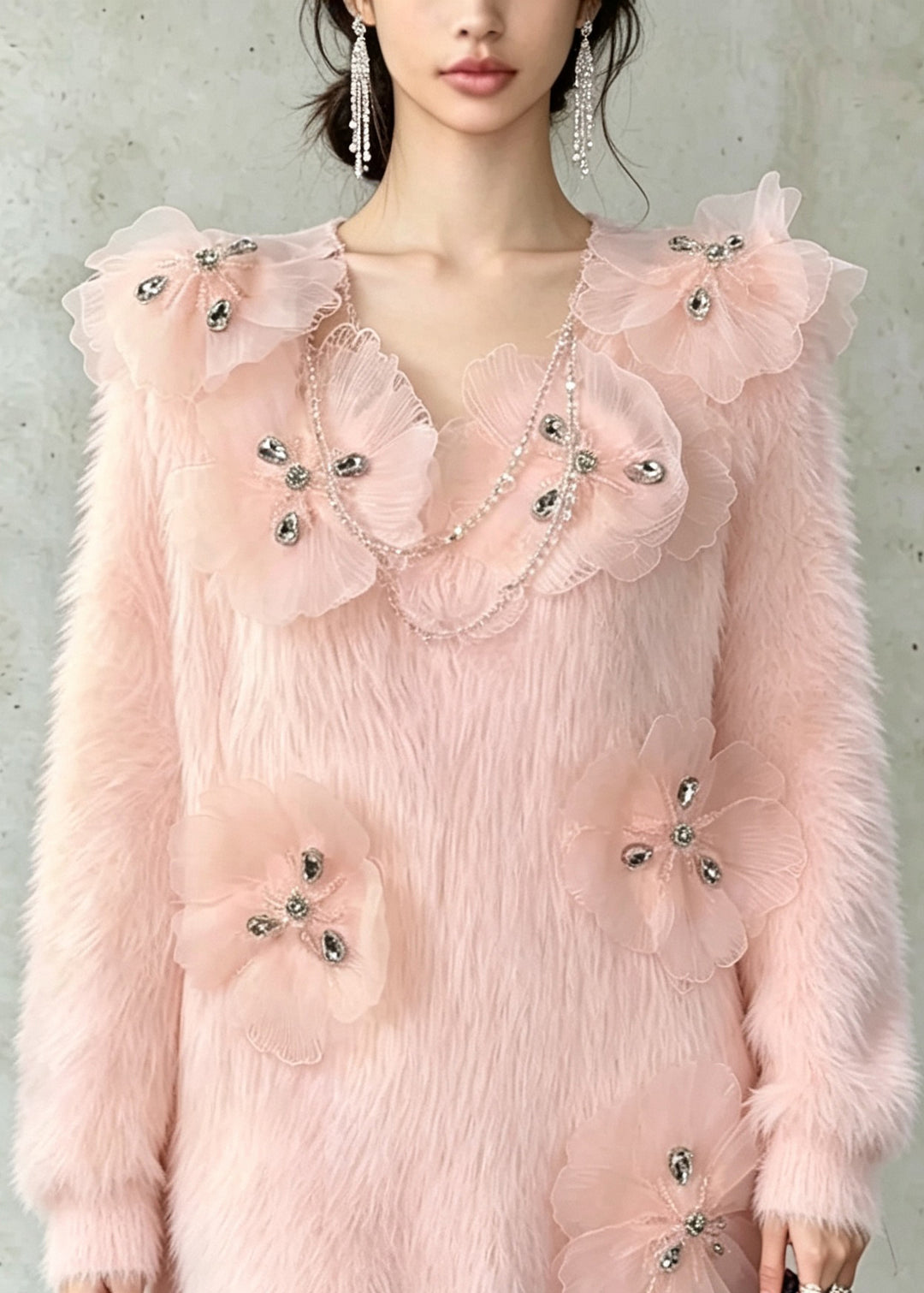 French Pink Zircon Floral Mink Hair Knit Sweater Fall