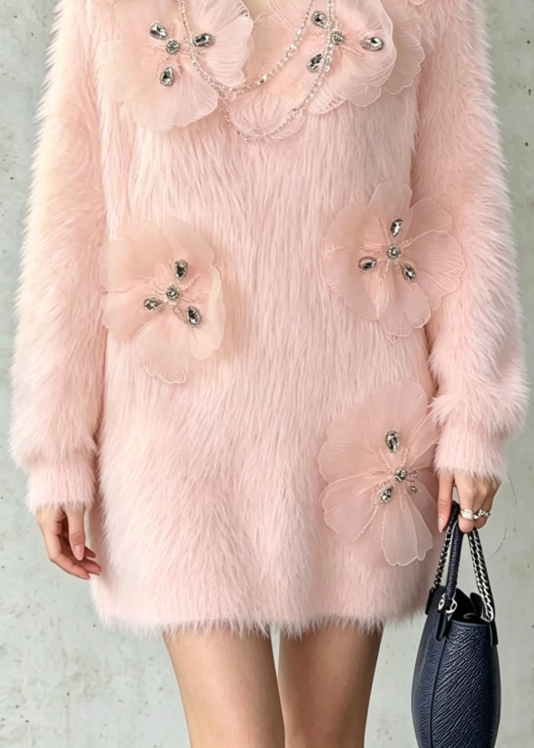 French Pink Zircon Floral Mink Hair Knit Sweater Fall