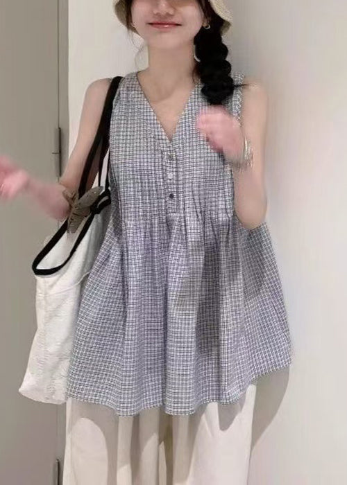 French Plaid Wrinkled Cotton Shirts V Neck Sleeveless