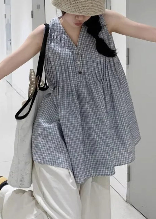 French Plaid Wrinkled Cotton Shirts V Neck Sleeveless