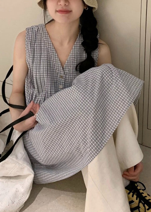French Plaid Wrinkled Cotton Shirts V Neck Sleeveless