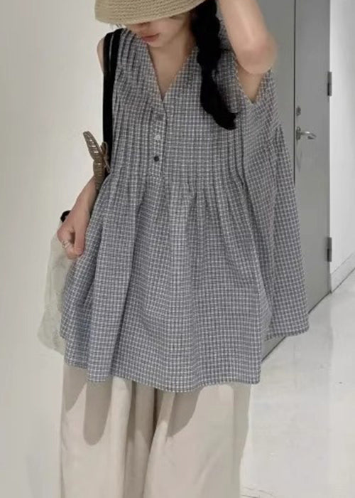 French Plaid Wrinkled Cotton Shirts V Neck Sleeveless