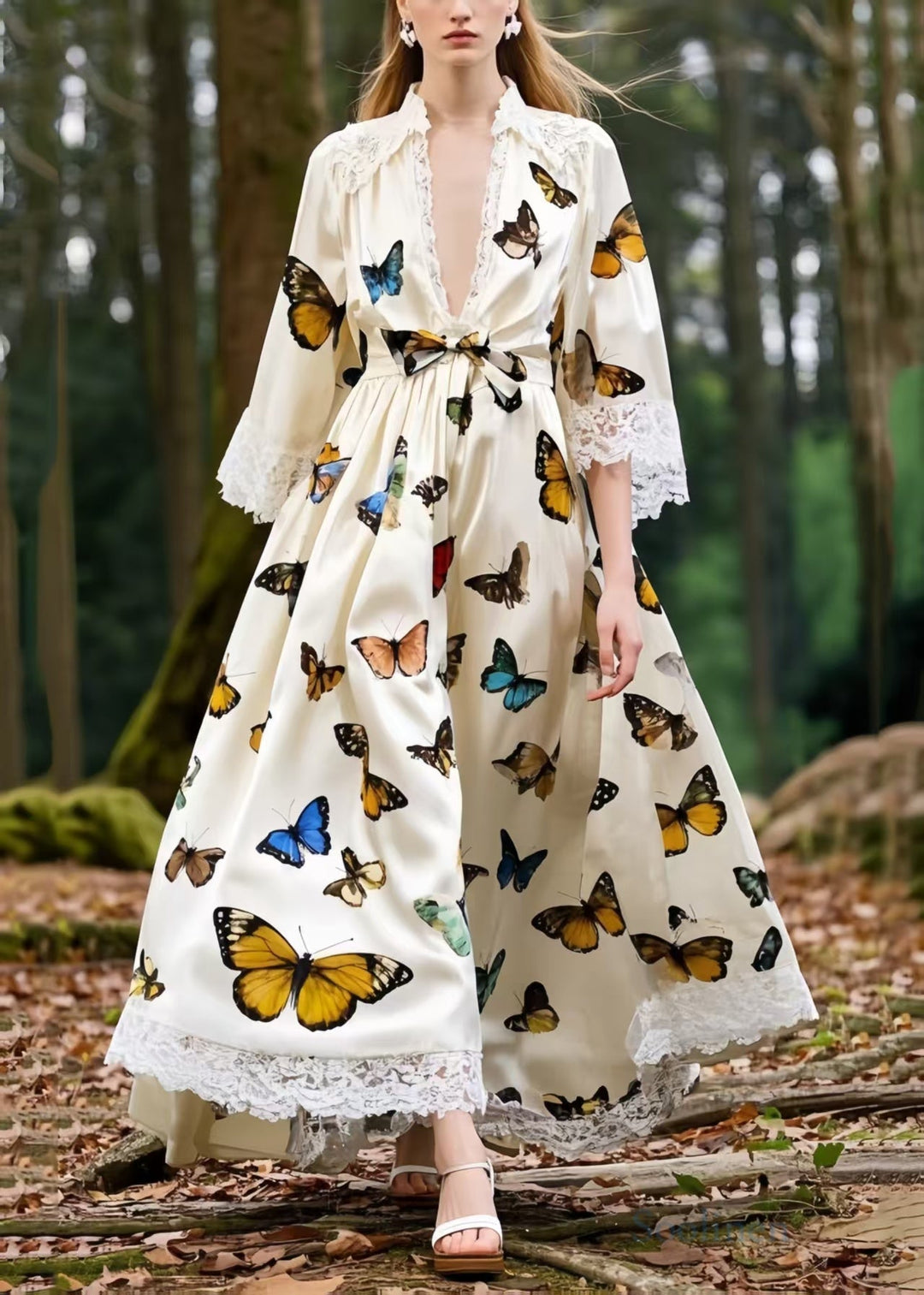 French Polychrome Butterfly Patchwork Lace Party Dress Half Sleeve