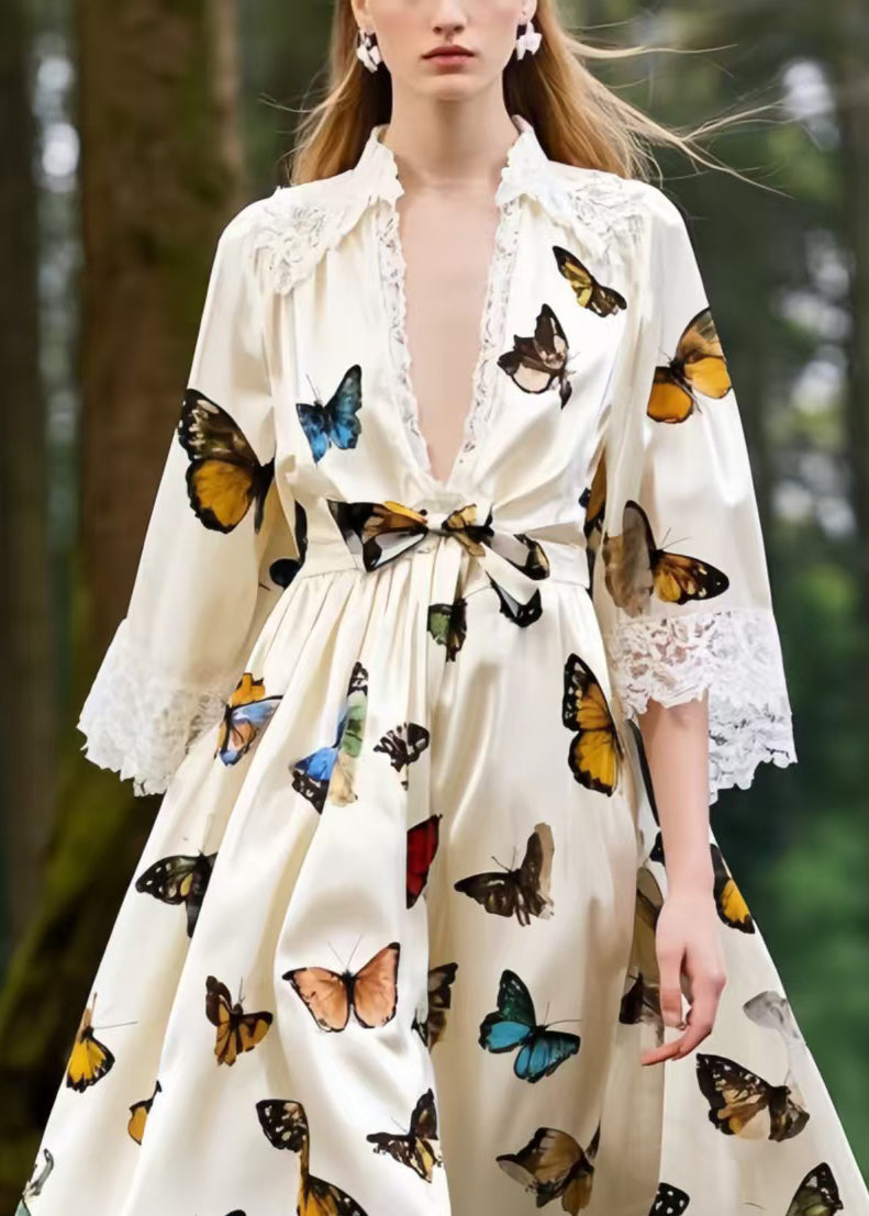 French Polychrome Butterfly Patchwork Lace Party Dress Half Sleeve