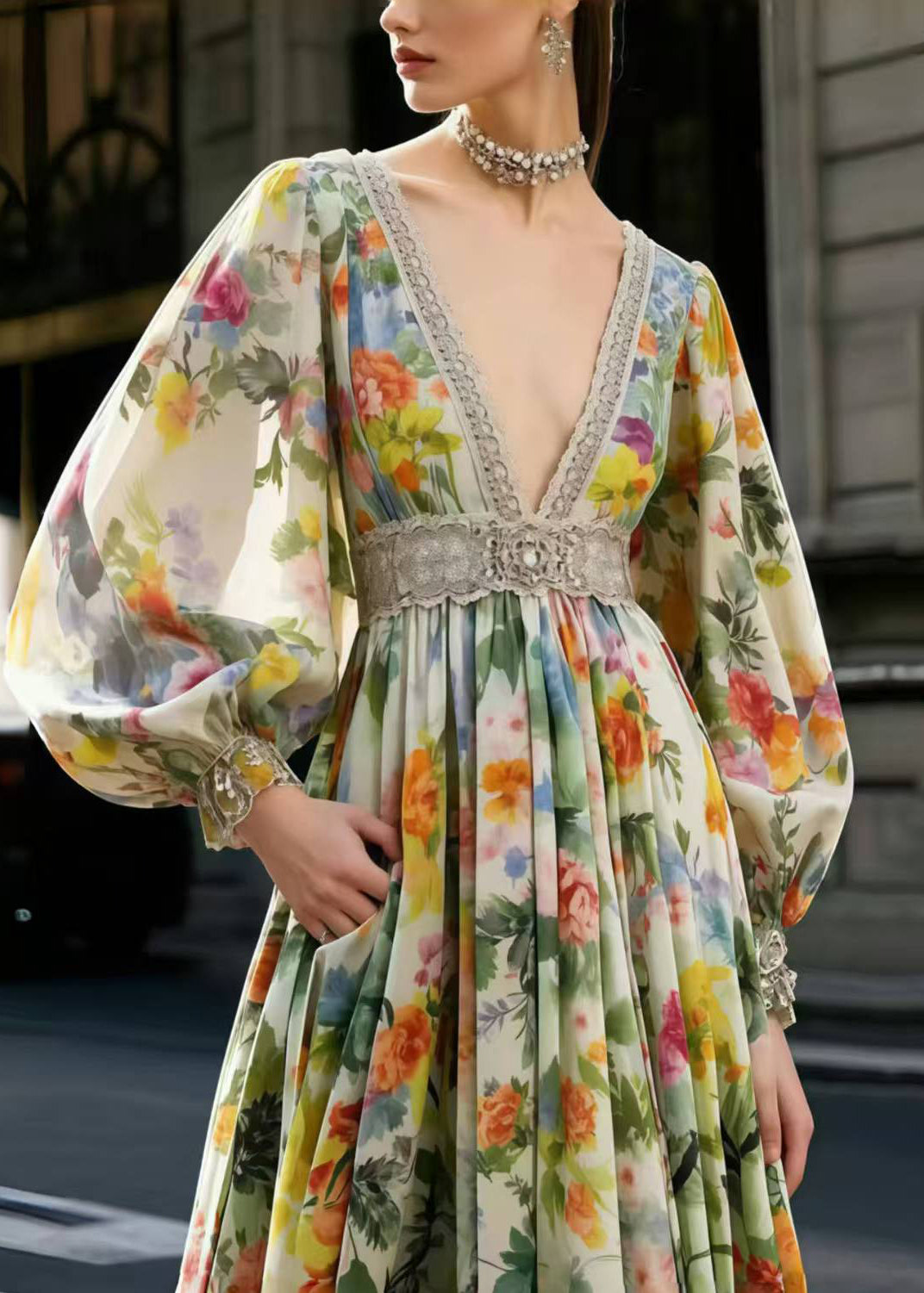 French Polychrome Deep-V Neck Print Chiffon Party Dress Spring