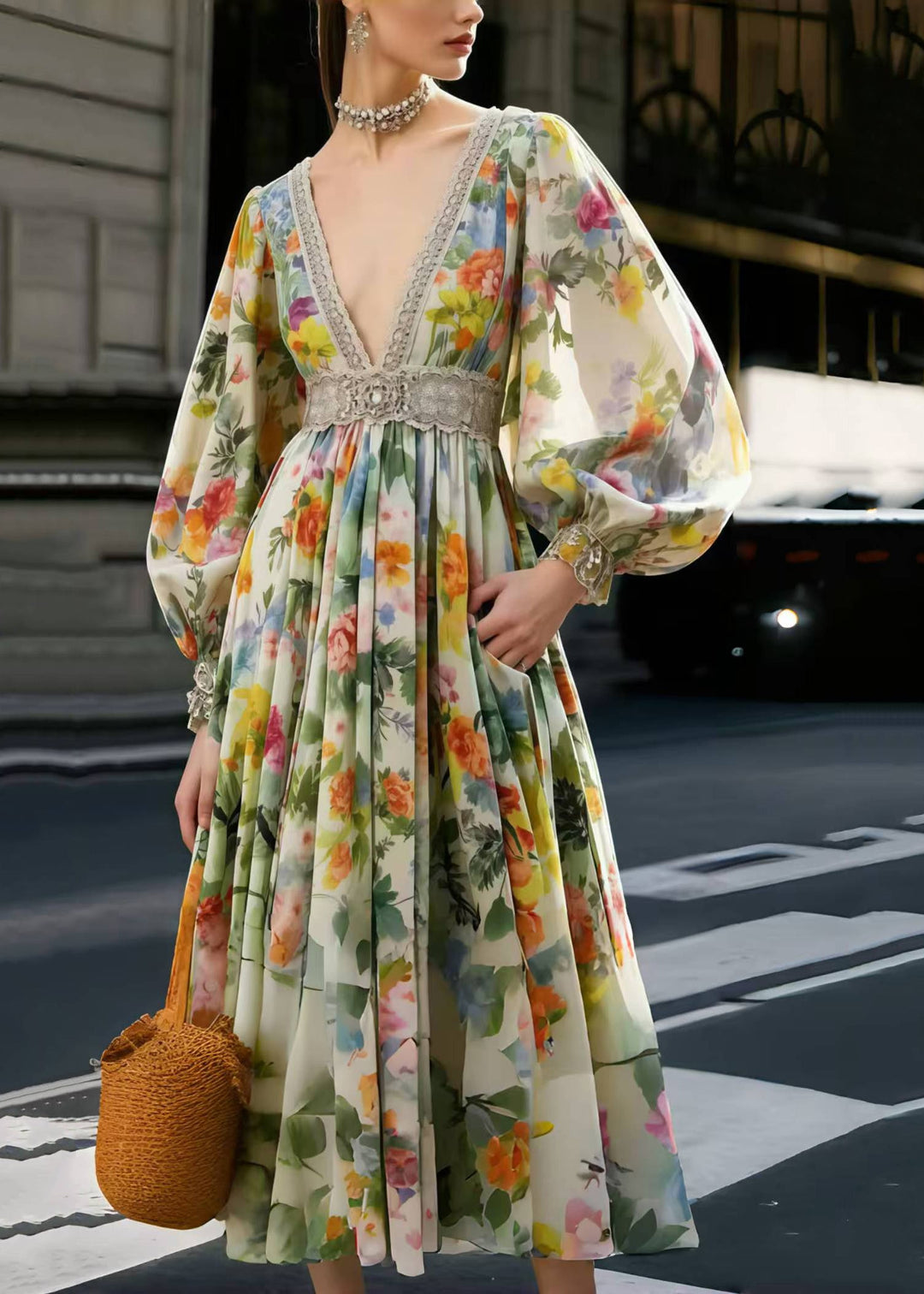 French Polychrome Deep-V Neck Print Chiffon Party Dress Spring