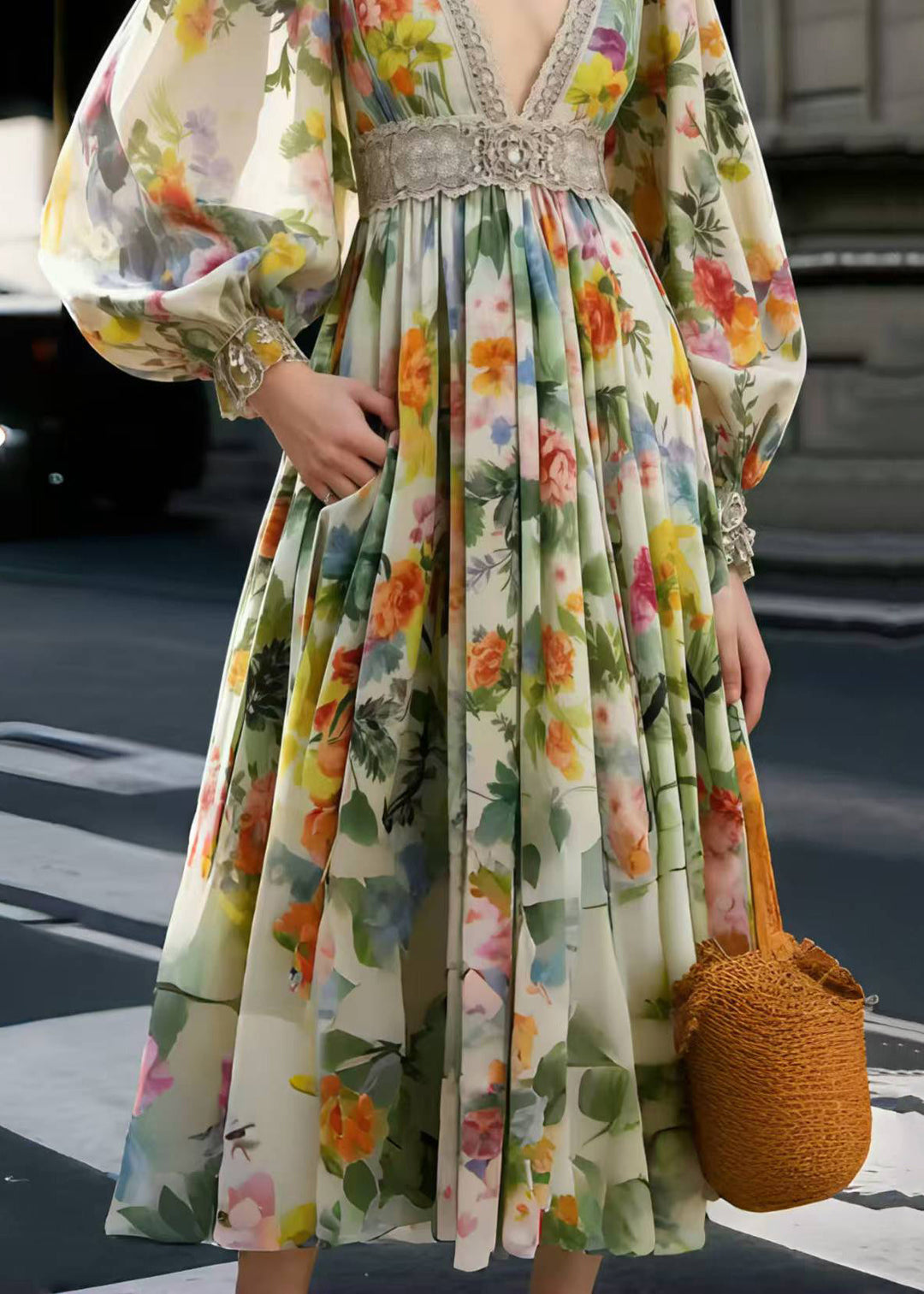 French Polychrome Deep-V Neck Print Chiffon Party Dress Spring
