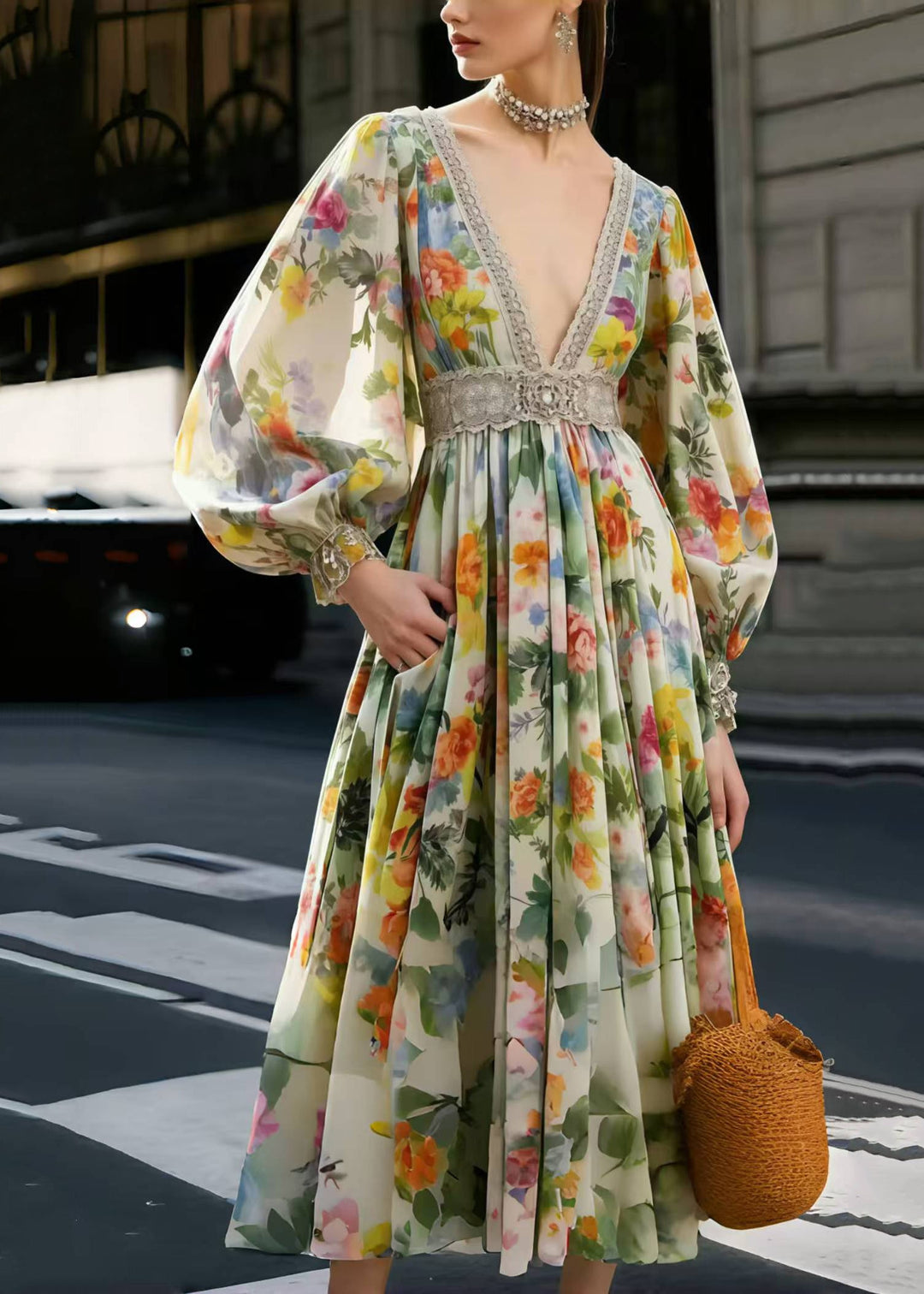 French Polychrome Deep-V Neck Print Chiffon Party Dress Spring
