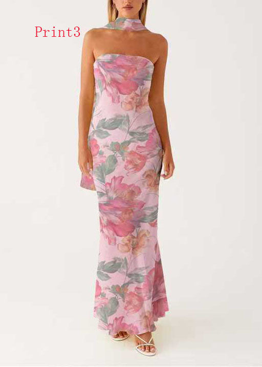 French Print Chiffon Strapless Maxi Dresses Sleeveless