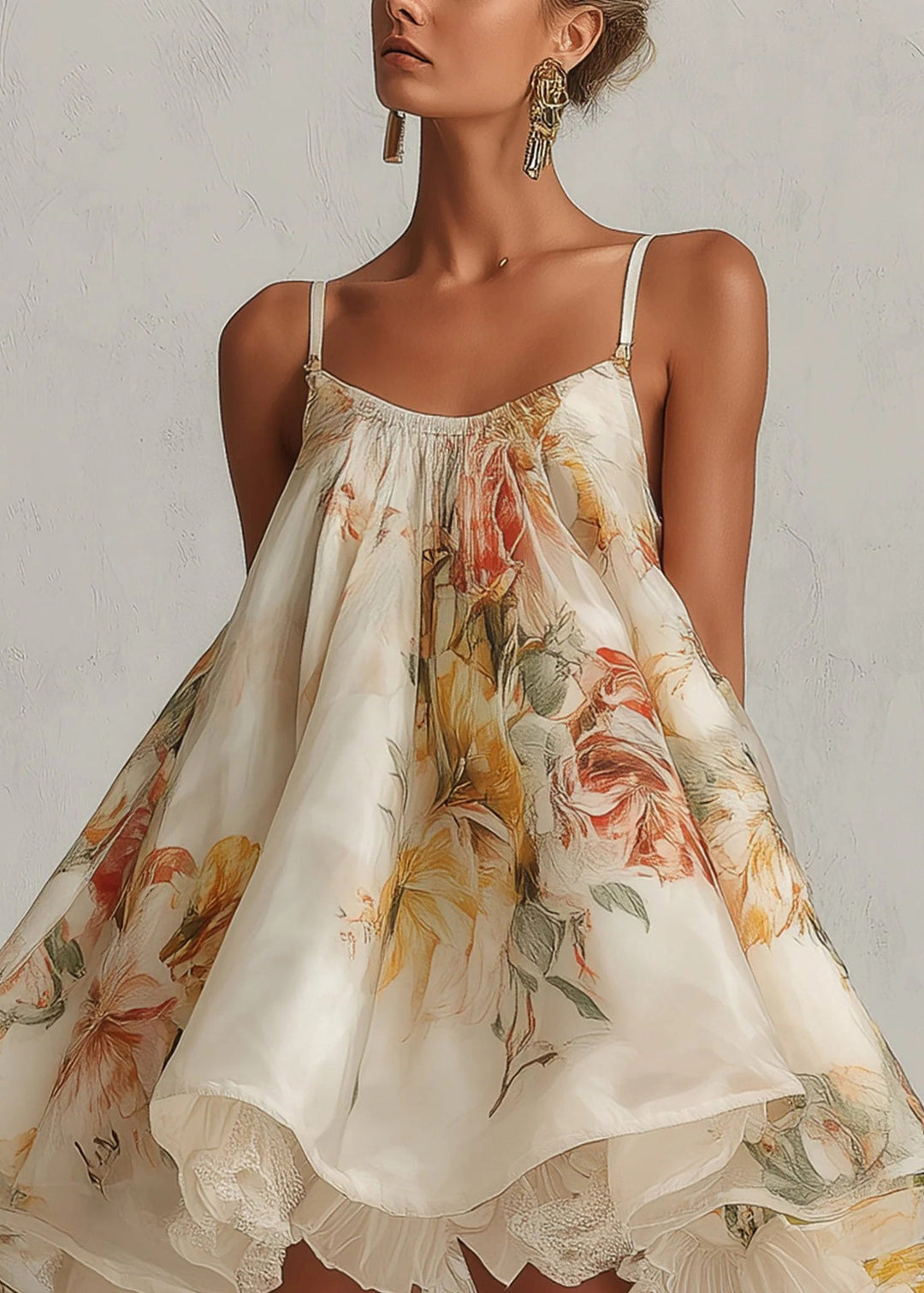 French Print Lace Chiffon Spaghetti Strap Dress Summer
