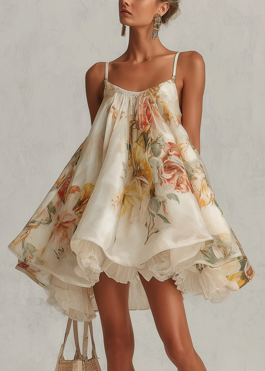 French Print Lace Chiffon Spaghetti Strap Dress Summer