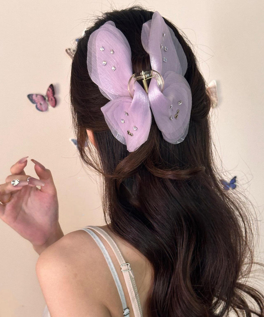French Purple Alloy Zircon Tulle Butterfly Hairpin