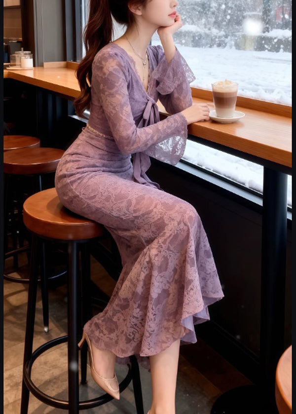 French Purple Bow Lace Slim Fit Maxi Dresses Spring