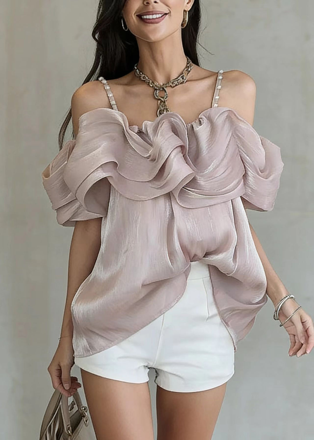 French Purple Cold Shoulder Nail Bead Wrinkled Tulle Tops Summer