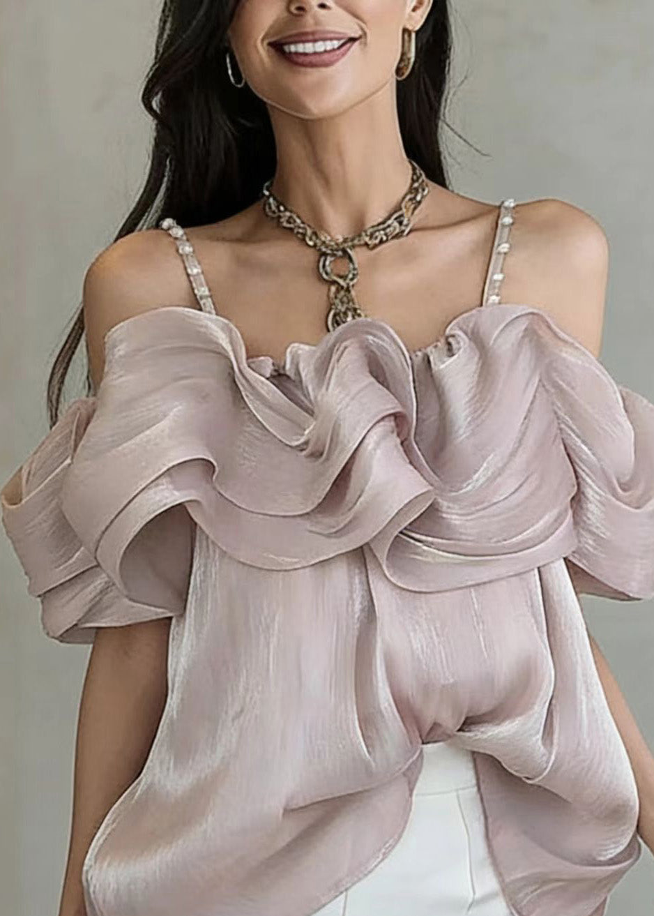 French Purple Cold Shoulder Nail Bead Wrinkled Tulle Tops Summer