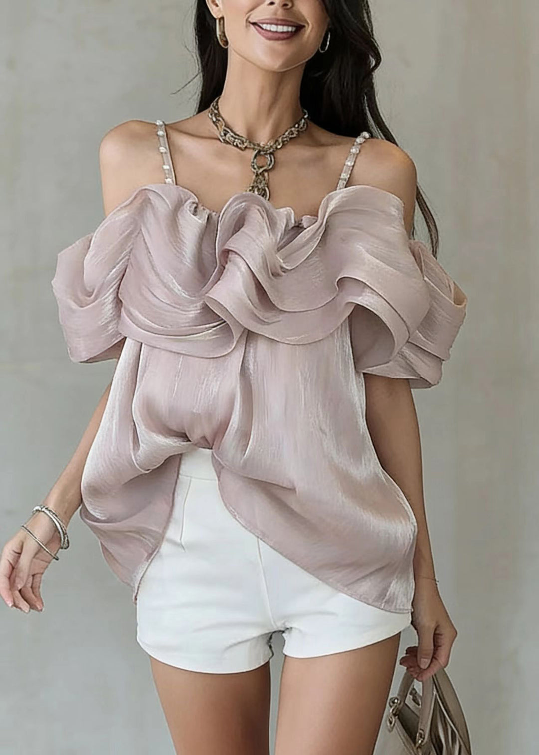 French Purple Cold Shoulder Nail Bead Wrinkled Tulle Tops Summer