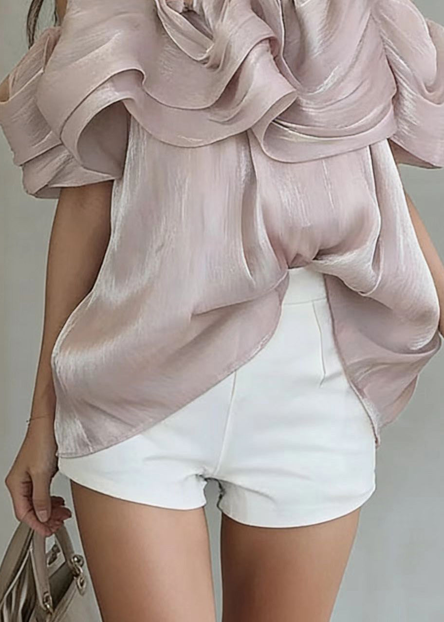 French Purple Cold Shoulder Nail Bead Wrinkled Tulle Tops Summer