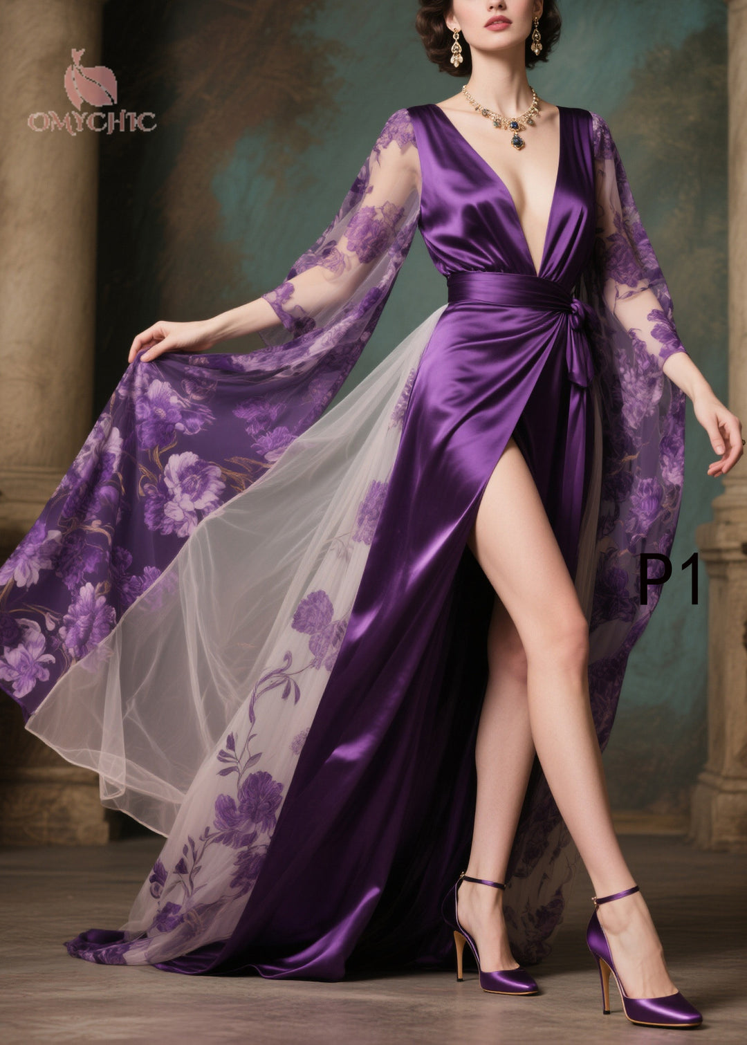 French Purple Exra Large Hem Patchwork Side Open Chiffon Evening Dress Summer