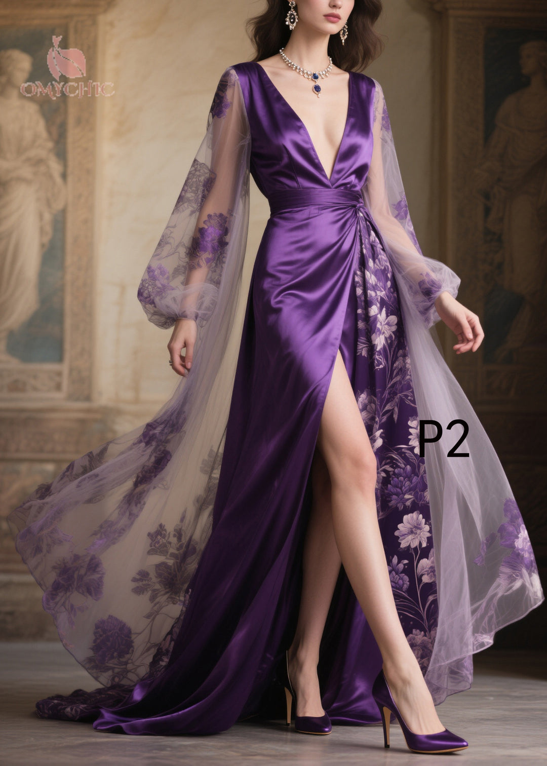 French Purple Exra Large Hem Patchwork Side Open Chiffon Evening Dress Summer