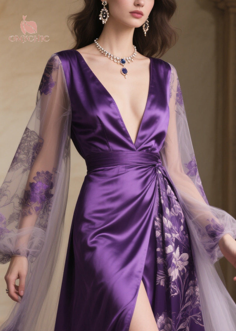 French Purple Exra Large Hem Patchwork Side Open Chiffon Evening Dress Summer