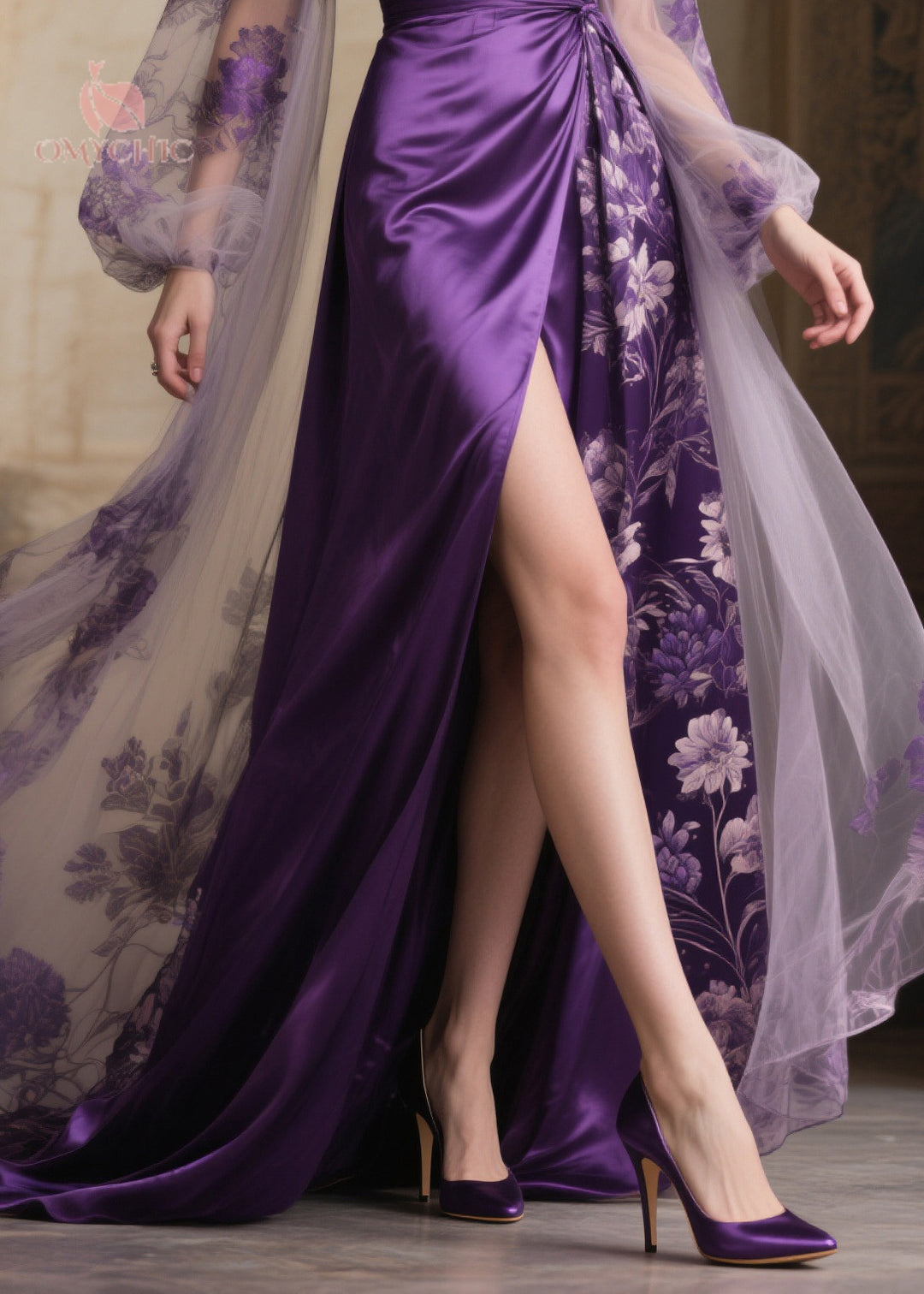 French Purple Exra Large Hem Patchwork Side Open Chiffon Evening Dress Summer