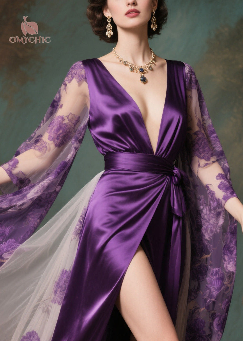 French Purple Exra Large Hem Patchwork Side Open Chiffon Evening Dress Summer