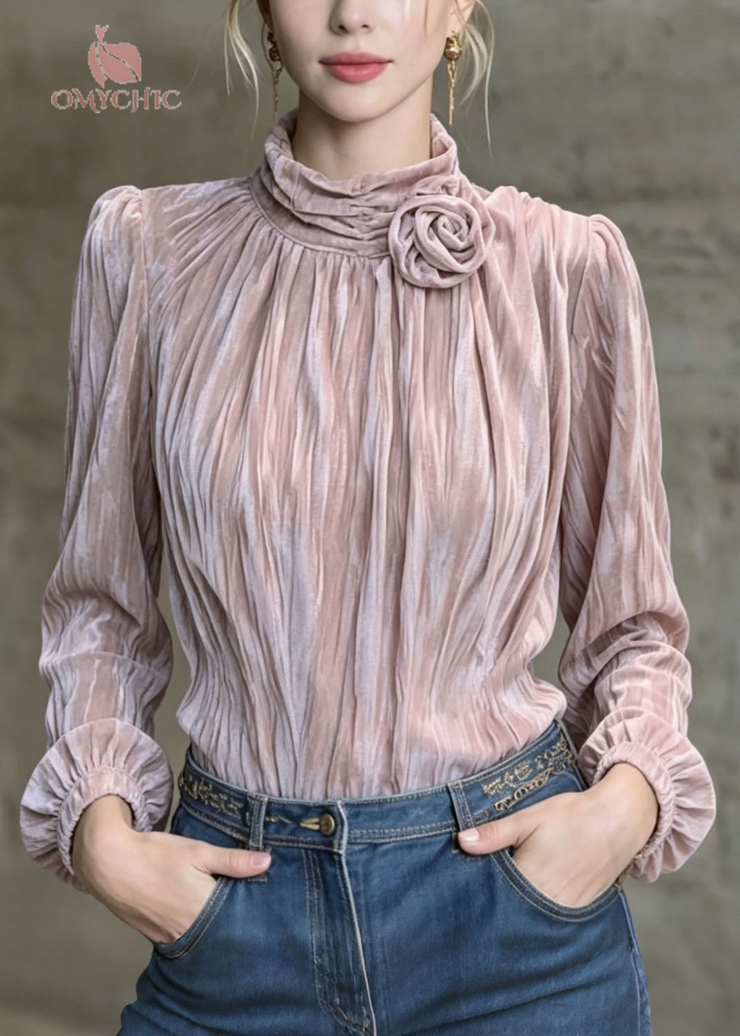 French Purple Floral Wrinkled Velour Shirt Top Spring