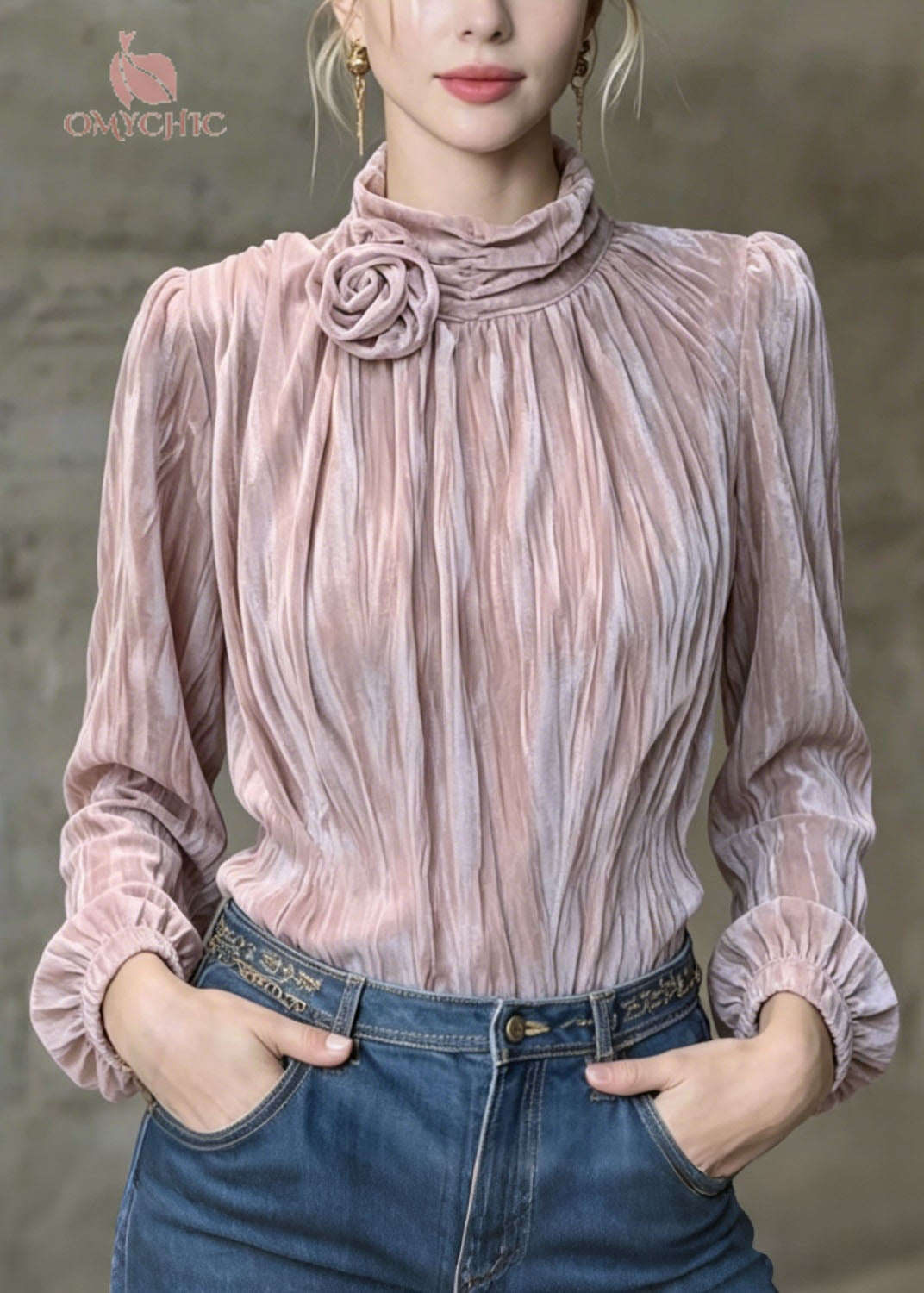 French Purple Floral Wrinkled Velour Shirt Top Spring