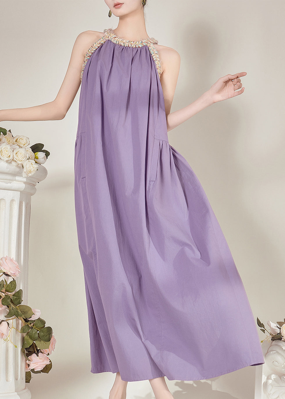 French Purple Halter Cold Shoulder Maxi Dresses Sleeveless