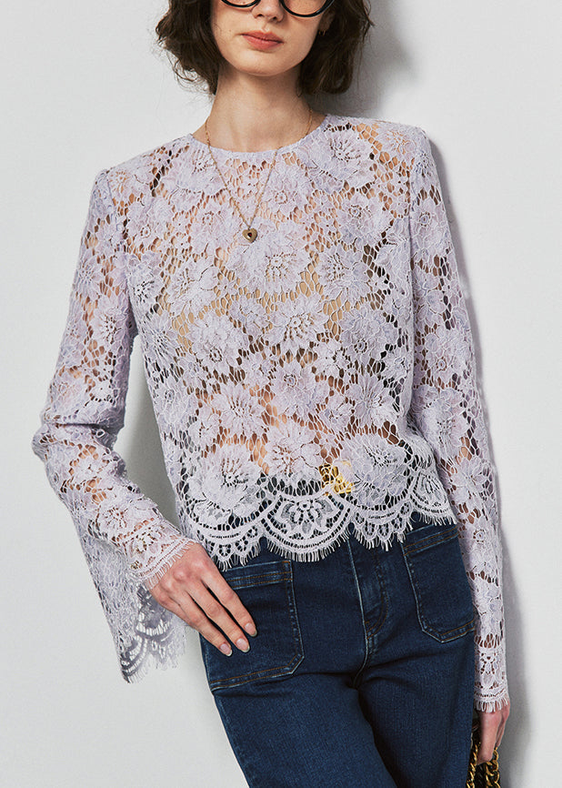 French Purple O Neck Hollow Out Lace Top Fall