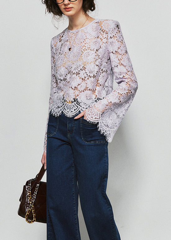 French Purple O Neck Hollow Out Lace Top Fall